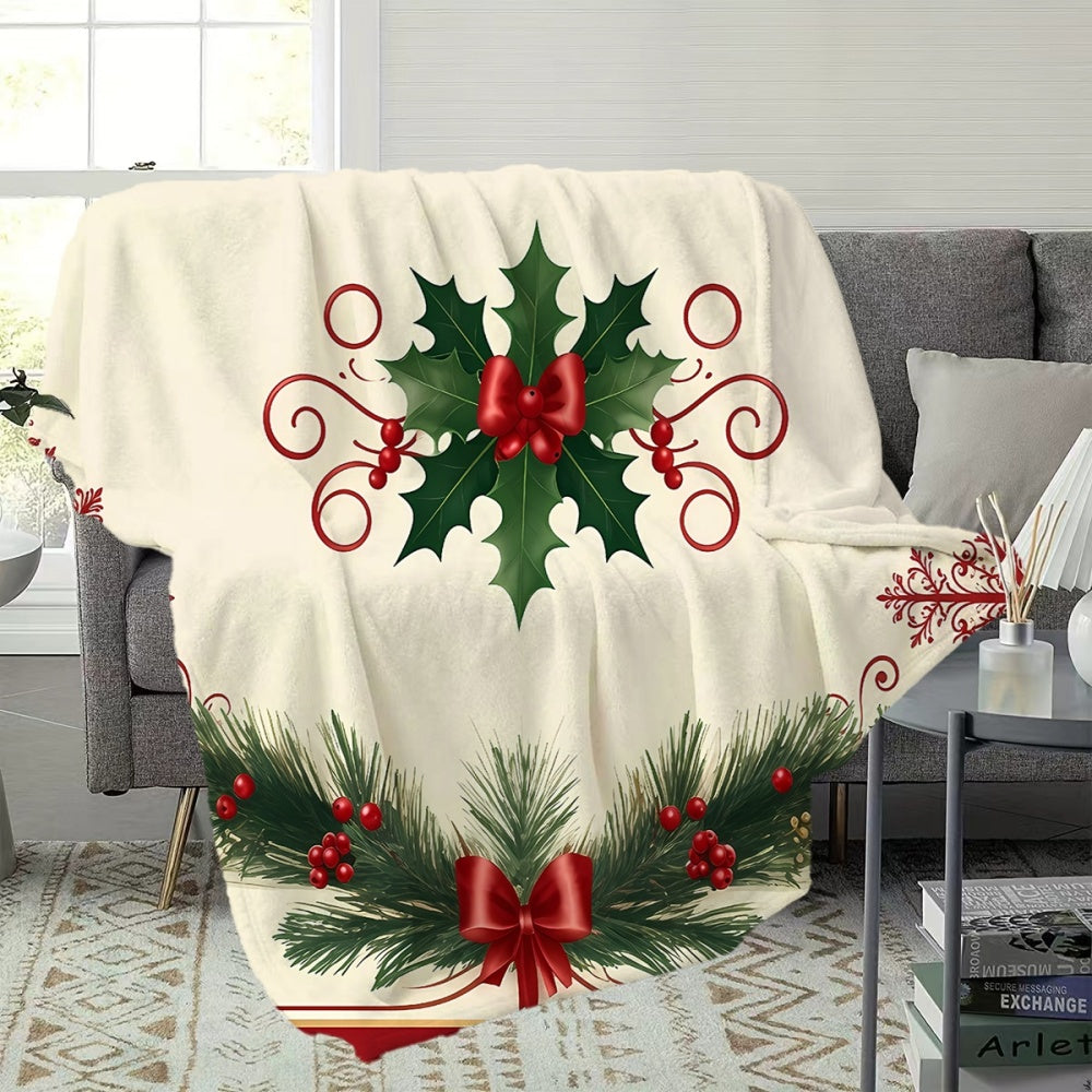 1pc, 1pc Christmas Green Leaves Red Fruits And Pine Branches Ribbon Pattern Flannel Blanket, Soft Comfortable Warm, Beige Base Red Decor Design, Durable Plush, All-Season Sofa Blanket, Warm Cover, Multiple Sizes Available