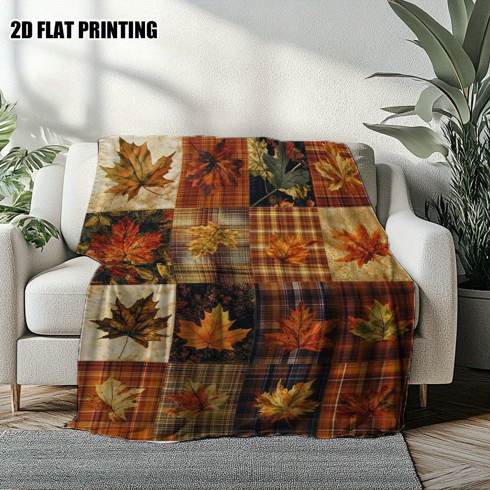 1pc Autumn Maple Leaf and Plaid Patchwork Flannel Blanket, Soft, Comfortable, and Warm, Orange-Yellow-Brown Plaid Design, Durable Plush Surface, All-Season Universal Bed Blanket, Warm Throw Blanket, Multiple Sizes Available, Suitable for Living Room
