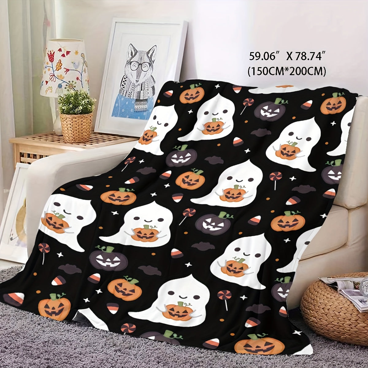 1pc Halloween Cute Pumpkin Pattern Black Flannel Blanket, Soft, Comfortable, and Warm, Black and White Main Color Design, Durable Plush Surface, All-Season Universal Bed Blanket, Warm Throw Blanket, Suitable for Living Room Sofa, Bedroom Bedside