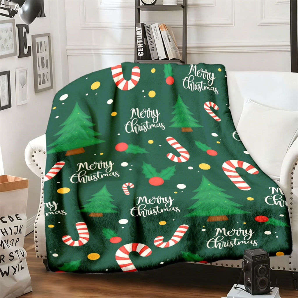 1pc Christmas Tree Candy Pattern Blanket, Festive Printed Design, Body Cover Blanket, Soft Fleece Plush, Lightweight And Durable, Multiple Sizes Available, Suitable for Christmas Decoration, Living Room Leisure, Bedroom Warmth, Balcony Relaxation