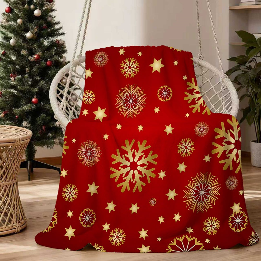 1pc Red and Golden Snowflake and Star Pattern Christmas-themed Flannel Blanket, Soft, Comfortable, and Warm, Designed in a Red Main Color, a Four-season Universal Sofa Throw, a Warm Lap Blanket, Available in Multiple Sizes, Suitable for Living Room