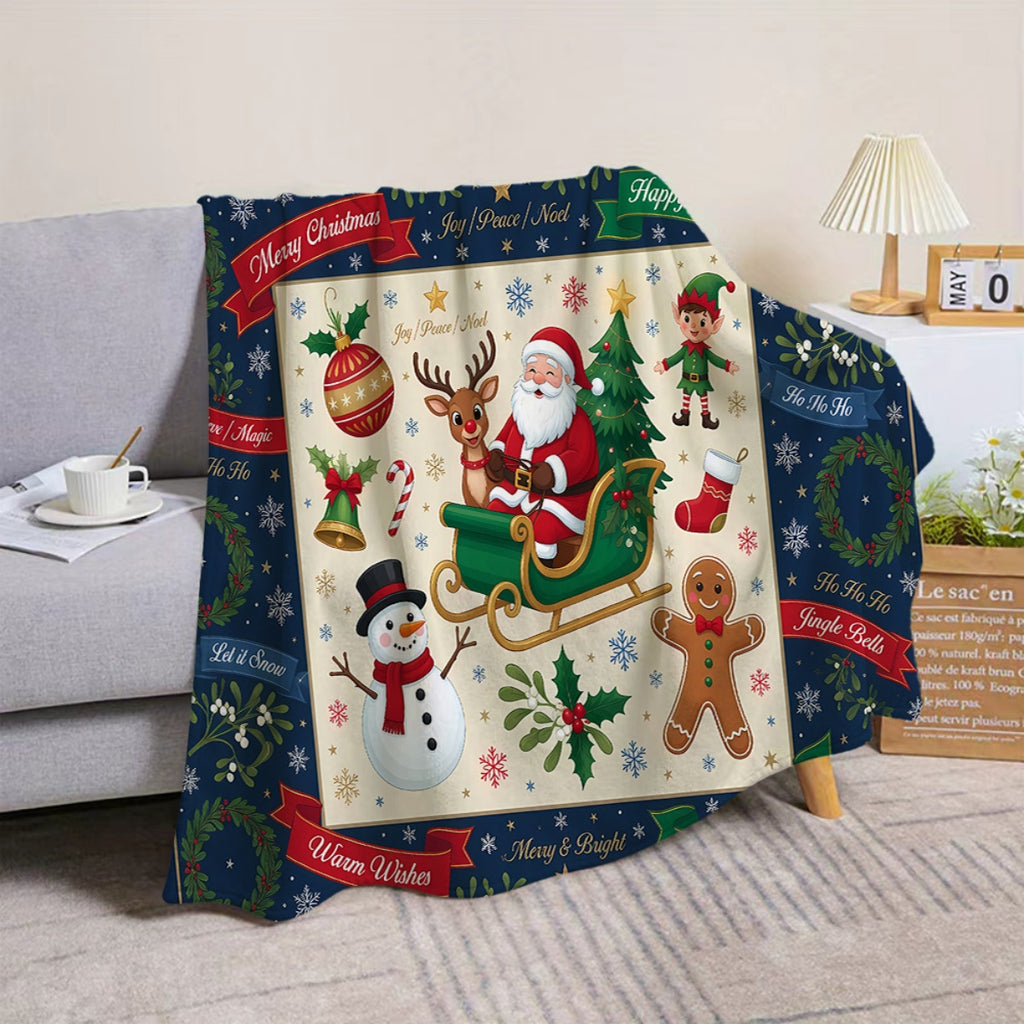 1pc, Santa Sleigh And Gingerbread Man Pattern Christmas-Themed Flannel Blanket, Soft Comfortable Warm, Deep Blue And Beige Design, Durable Plush, All-Season Sofa Blanket, Warm Cover, Multiple Sizes Available, Suitable for Living Room Sofa