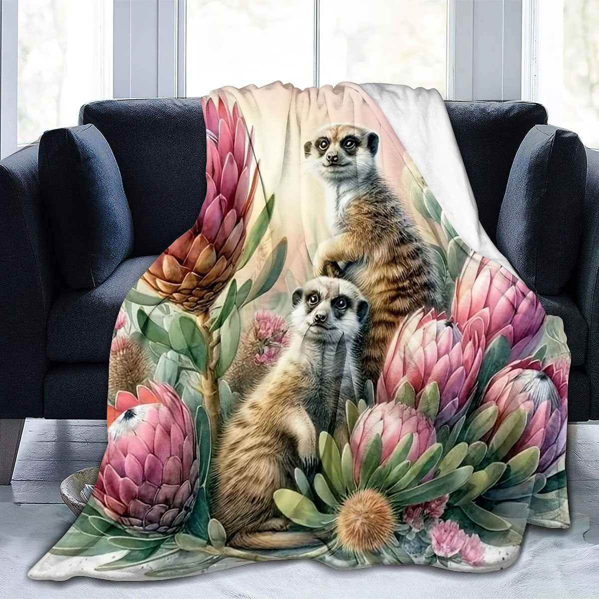 1pc 2D Flat Print Meerkat and King Protea Themed Blanket, Soft Flannel Throw—pink Floral Design, Multiple Sizes Available, Suitable for Living Room, Bedroom, Sofa, and Casual Reading, 2D Flat