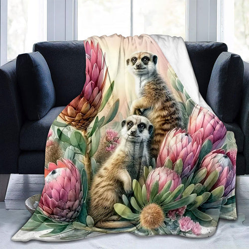 1pc 2D Flat Print Meerkat and King Protea Themed Blanket, Soft Flannel Throw—pink Floral Design, Multiple Sizes Available, Suitable for Living Room, Bedroom, Sofa, and Casual Reading, 2D Flat
