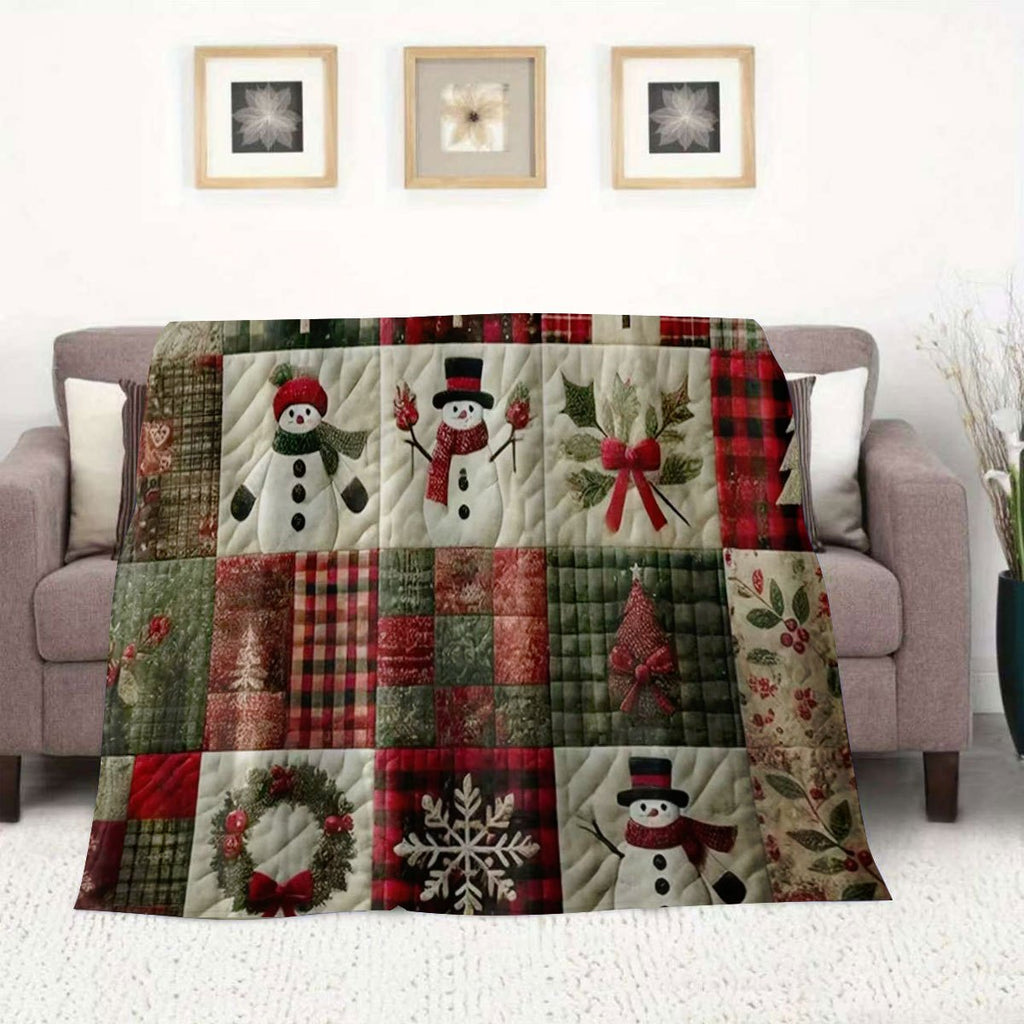 1pc Christmas Theme Quilted Blanket, Snowflake Snowman Christmas Tree Pattern, Red and Green Plaid Patchwork Design, Holiday Decoration Sofa Blanket, Winter Warmth Thickening, Single Nordic Style Home Soft Decoration, New Year's Gift Is Preferred