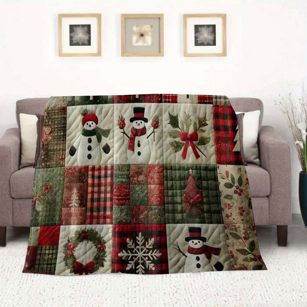 1pc Christmas Theme Quilted Blanket, Snowflake Snowman Christmas Tree Pattern, Red and Green Plaid Patchwork Design, Holiday Decoration Sofa Blanket, Winter Warmth Thickening, Single Nordic Style Home Soft Decoration, New Year's Gift Is Preferred
