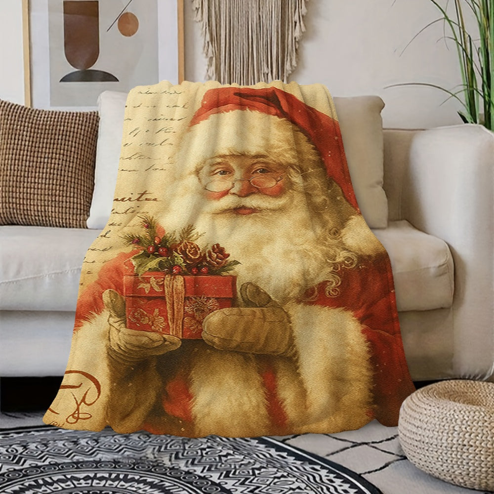 1pc Santa Claus Handheld Gift Box Design Flannel Blanket, Creamy Beige Base Holiday Decor, Soft Plush All-Season Use, Suitable for Living Room Sofa Cover, Reading Time And Bedside Decoration