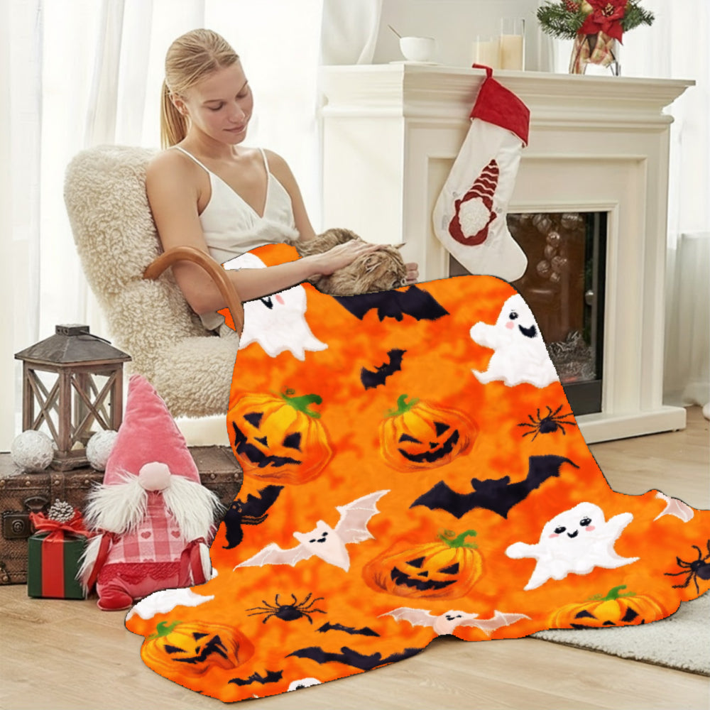 Halloween Ghost And Pumpkin Matching Orange Bat And Spider Pattern Blanket, Soft Comfortable Multi-Purpose Blanket, Home Decor And Holiday Gift
