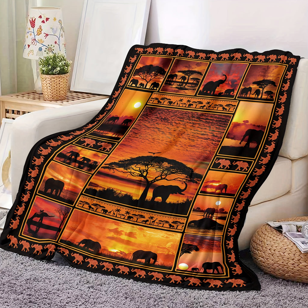 1pc African Elephant Silhouette Sunset Patchwork Pattern Flannel Blanket, Soft Comfortable Warm, Black And Orange Design, Durable Plush Surface, All-Season Bed Blanket, Warm Cover, Multiple Sizes Available, Suitable for Living Room Sofa