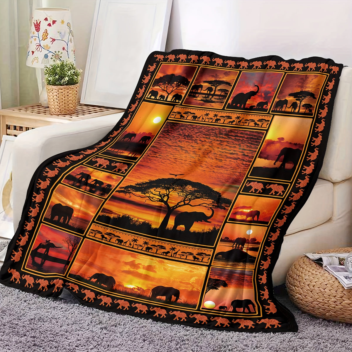 1pc African Elephant Silhouette Sunset Patchwork Pattern Flannel Blanket, Soft Comfortable Warm, Black And Orange Design, Durable Plush Surface, All-Season Bed Blanket, Warm Cover, Multiple Sizes Available, Suitable for Living Room Sofa