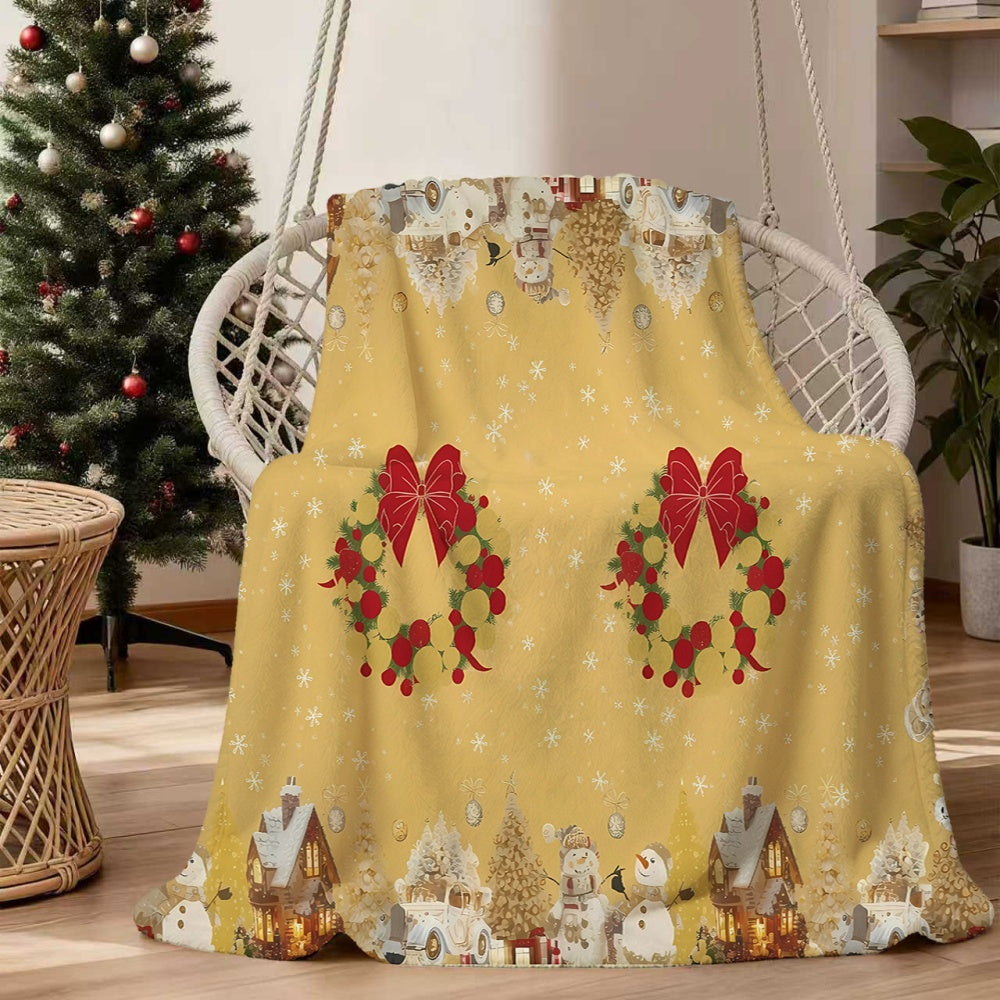 1pc Christmas-Themed Red Wreath And Snowman Pattern Yellow Flannel Blanket, Soft Comfortable Warm, Festive Design, All-Season Blanket, Warm Cover, Multiple Sizes Available, Suitable for Living Room Sofa, Bedroom, Reading Area, Rest Area