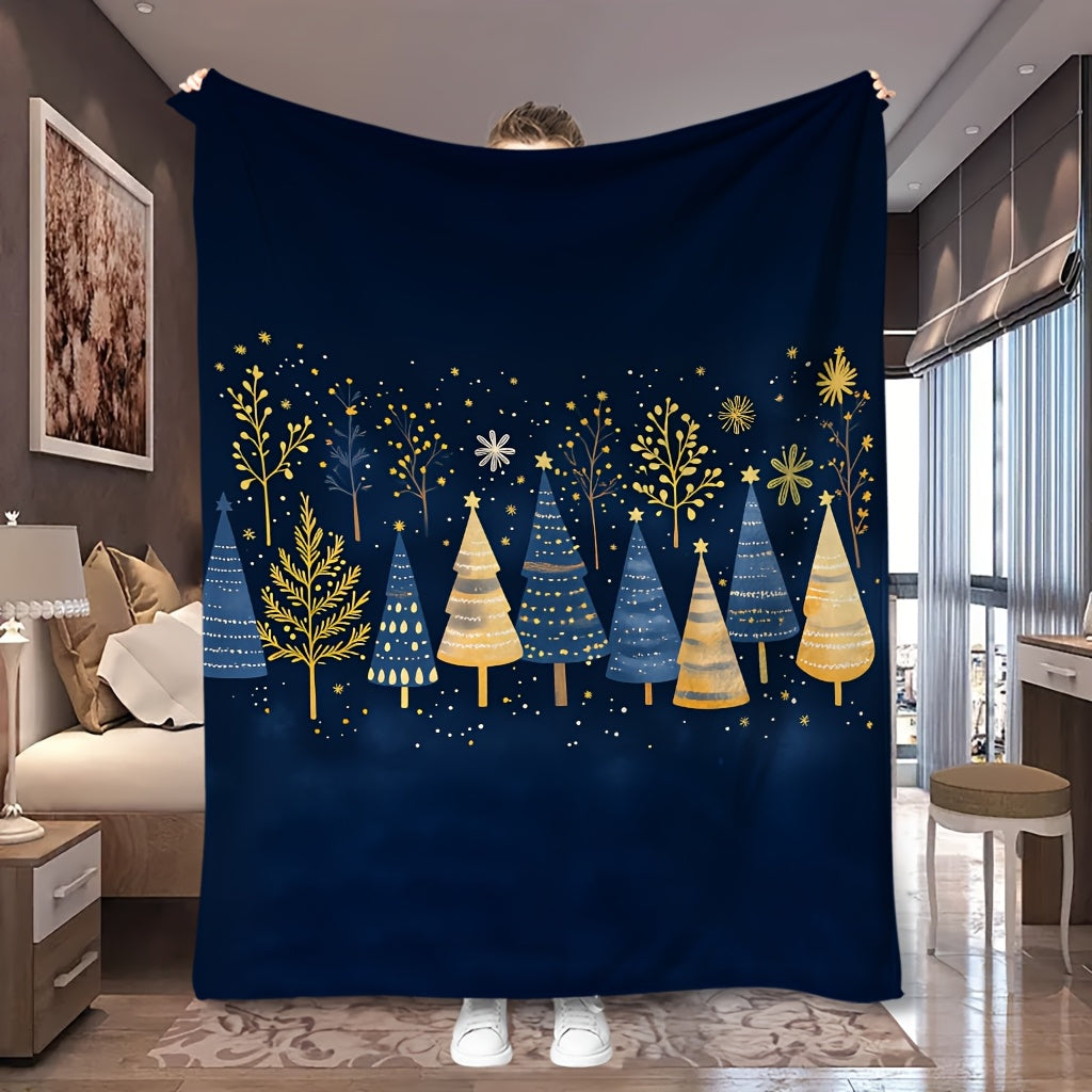 1pc Christmas Tree And Snowflake Pattern Deep Blue Design Flannel Oversized Blanket, Multi-Size Full-Body Blanket, Christmas Winter Decor, Durable Plush, All-Season Use, Suitable for Dorm Life, Weekend Sofa Naps, Bedside Decor
