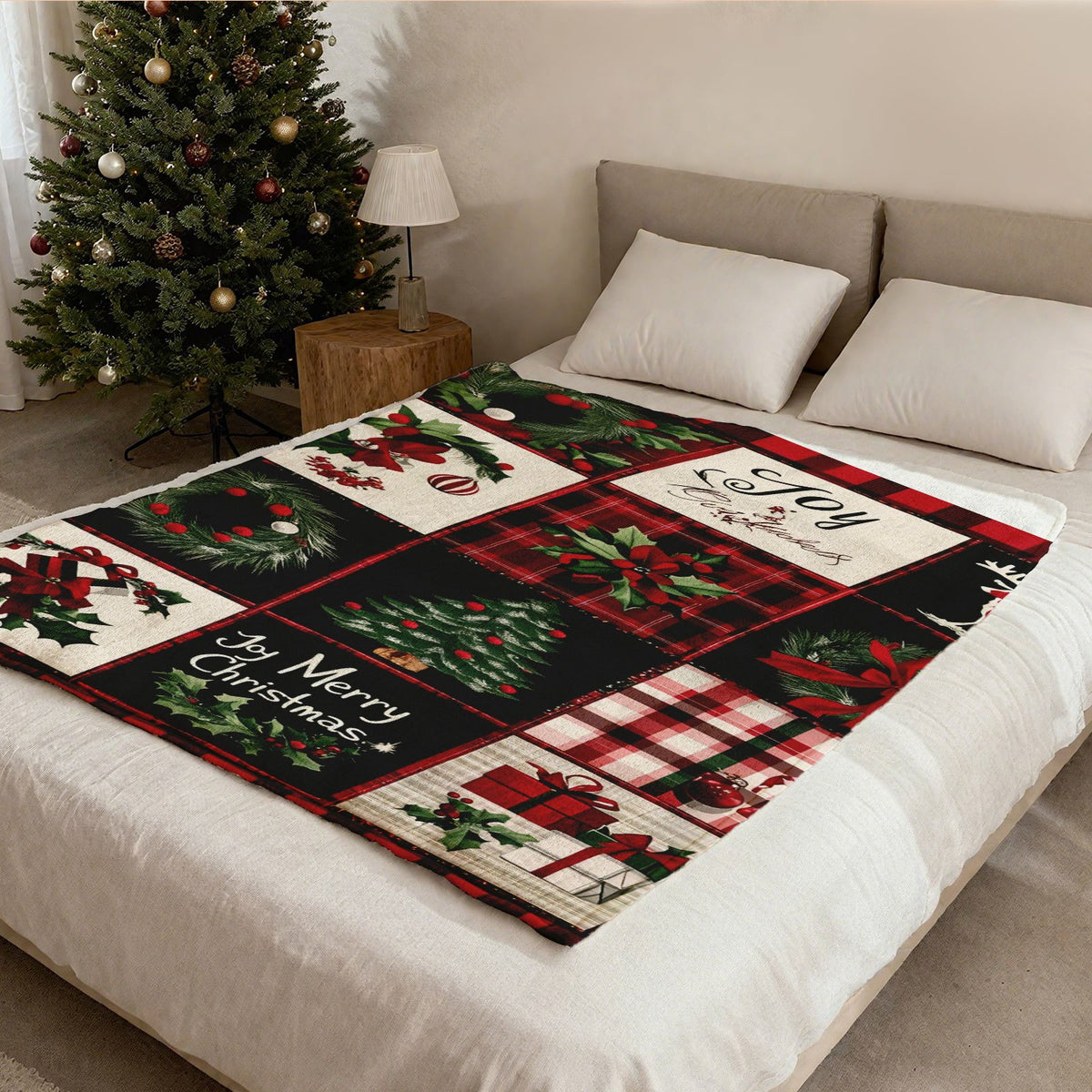 1pc Christmas Holiday Themed Red and Black Plaid with Festive Pattern Patchwork Flannel Large Blanket, Red Series Design, Oversized Throw Blanket, Winter Decoration, Durable Plush Surface, Suitable for All Seasons, Suitable for Living Room Sofa Cover