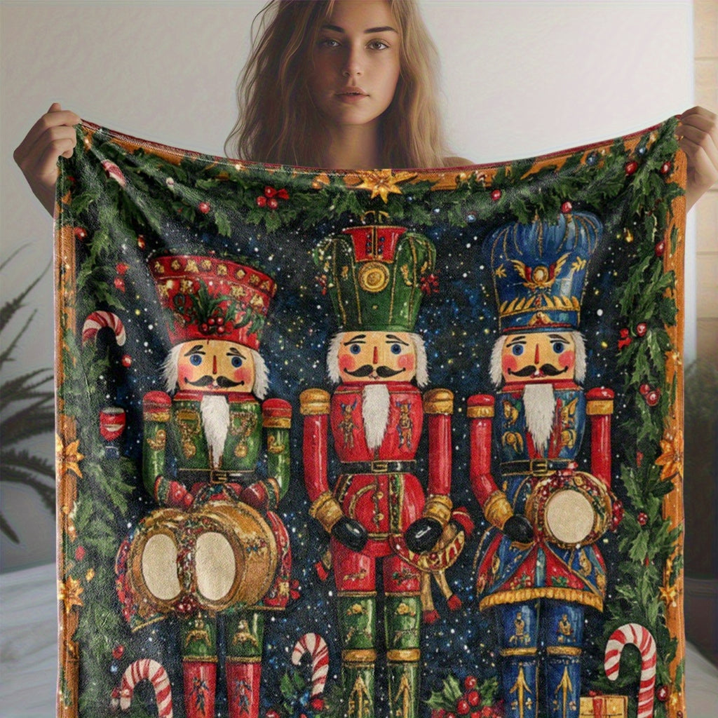 Nutcracker Theme Digital Printed Flannel Blanket - 100% Polyester Fiber, Suitable for Decoration in All Seasons, Suitable for Scenes Such as Shops and Sofas