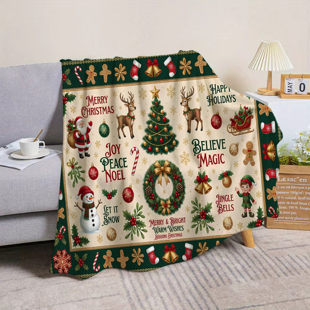 1pc Christmas-themed Flannel Blanket in Green and Beige, Soft, Comfortable, and Warm, Featuring Santa Claus, Reindeer, and Christmas Tree Patterns. Made with Durable Plush Fabric, It's a Versatile All-season Sofa Throw and Cozy Cover Blanket.