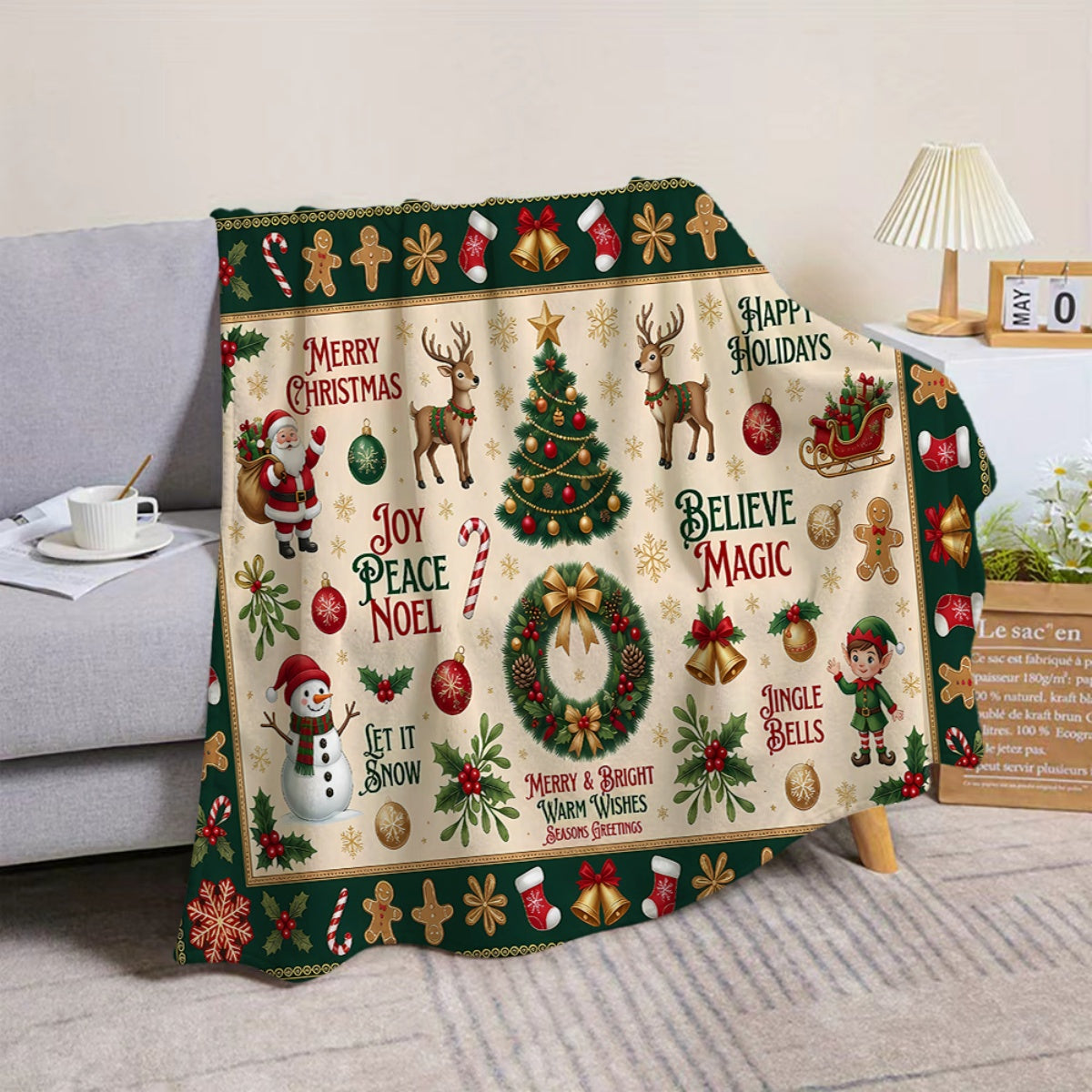 1pc Christmas-themed Flannel Blanket in Green and Beige, Soft, Comfortable, and Warm, Featuring Santa Claus, Reindeer, and Christmas Tree Patterns. Made with Durable Plush Fabric, It's a Versatile All-season Sofa Throw and Cozy Cover Blanket.