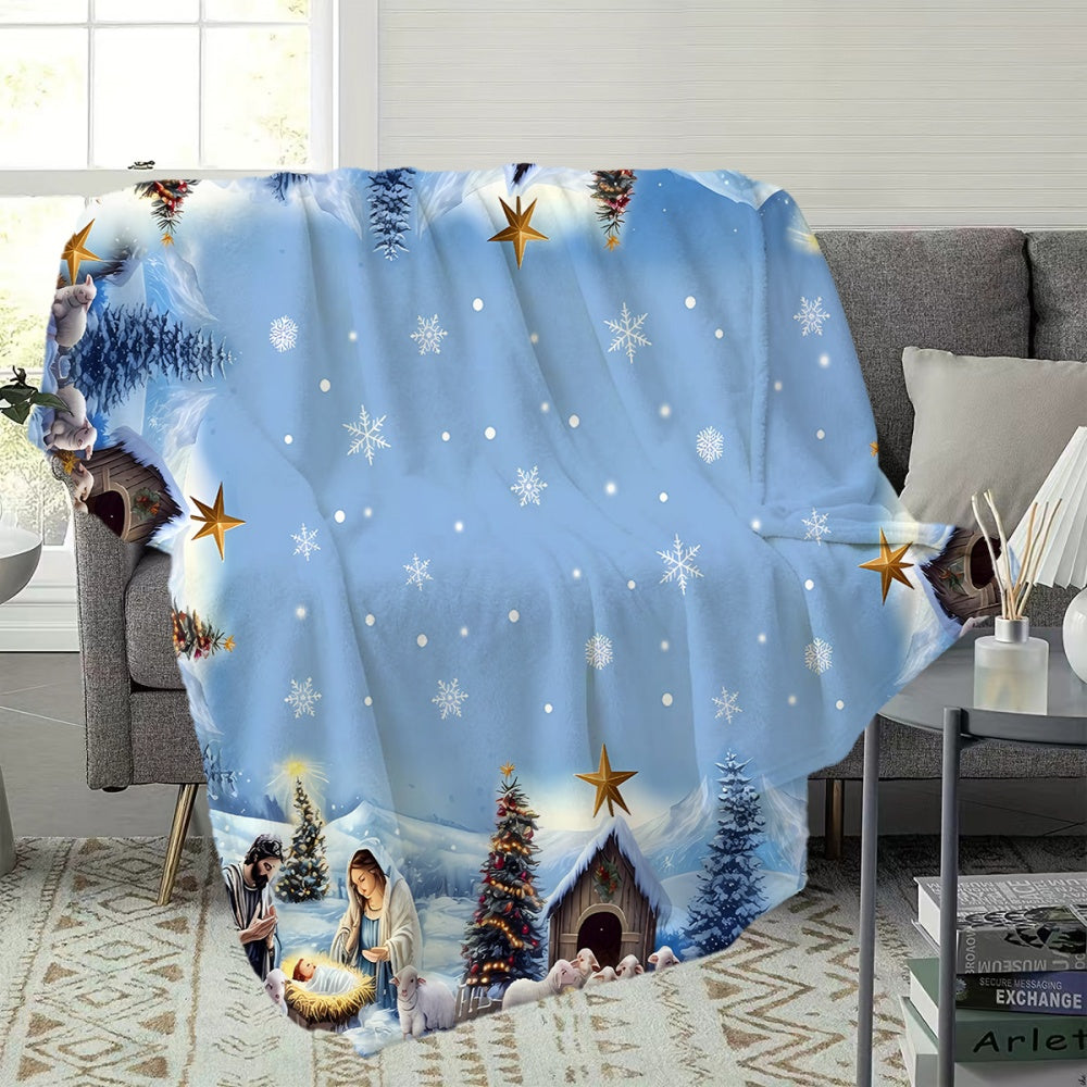 1pc Christmas Nativity Scene Golden Star Snowflake Blue Flannel Blanket, Soft Comfortable Warm, Main Color Blue Design, All-Season Blanket, Warm Cover, Multiple Sizes Available, Suitable for Living Room Sofa, Bedroom, Reading Area