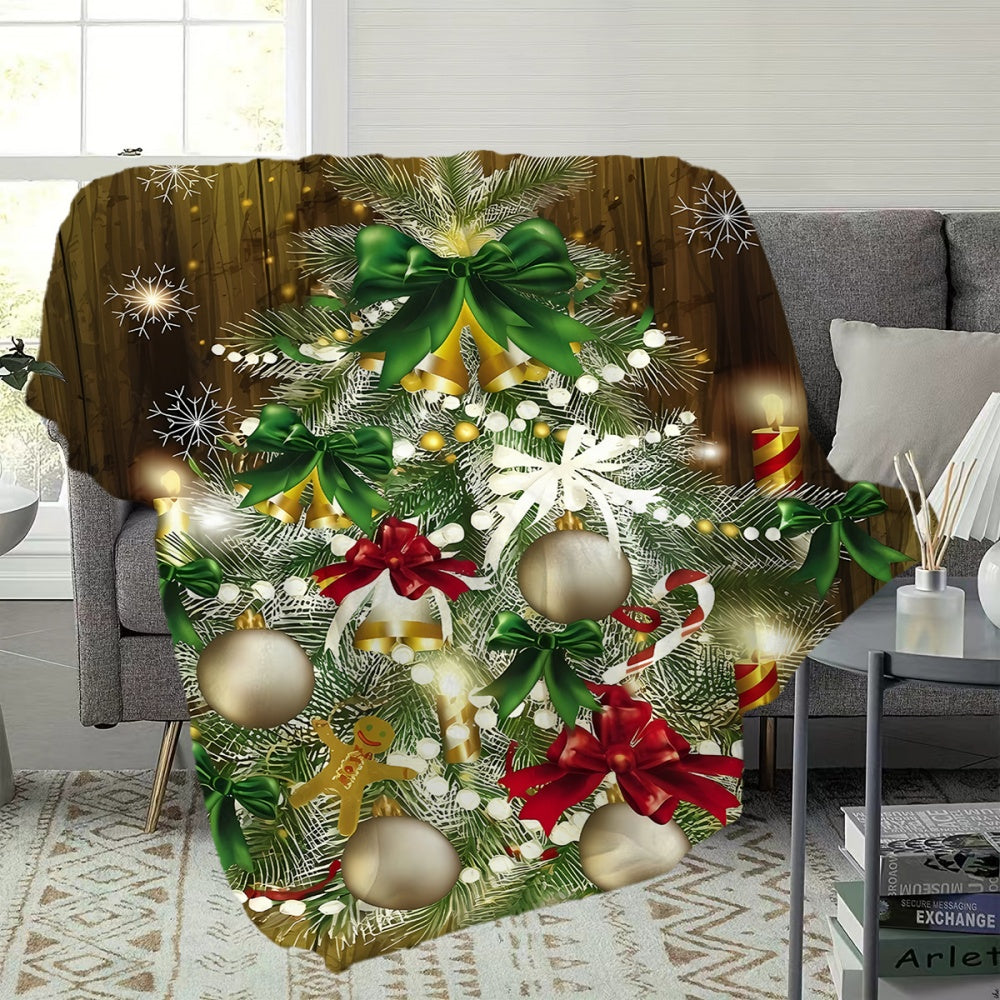1pc Christmas Tree Decor Pattern Flannel Blanket, Soft Comfortable Warm, Green And Golden Design, All-Season Sofa Blanket, Warm Throw Blanket, Multiple Sizes Available, Suitable for Living Room Sofa, Bedroom, Reading Corner, Holiday Gatherings