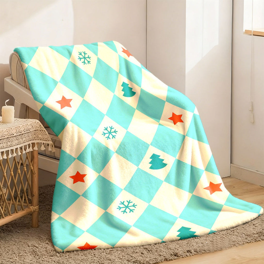 1pc Blue And White Checkered Christmas Pattern Blanket, Red Green Star Snowflake Print Design, Body Cover Blanket, Soft Fleece Plush Surface, Lightweight And Durable, Multiple Sizes Available, Suitable for Holiday Decor, Living Room Leisure