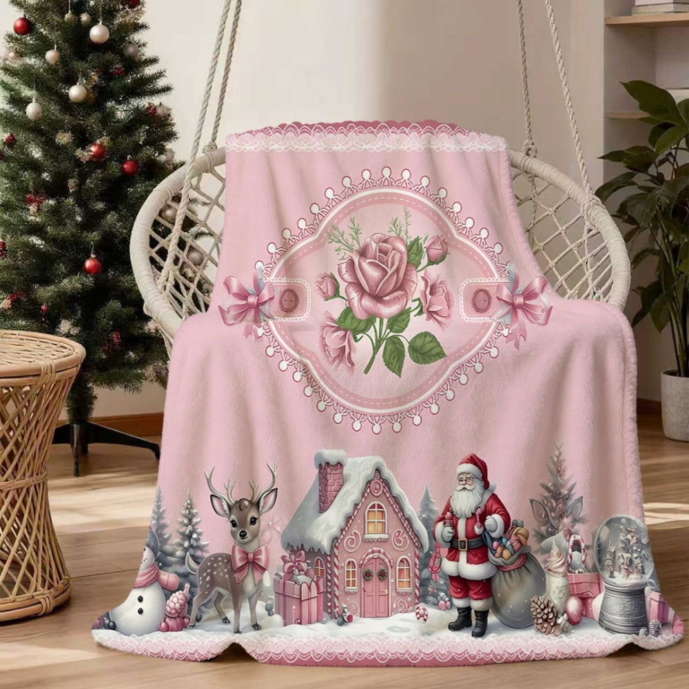 1pc, a Pink Flannel Blanket with a Santa Claus and Rose Pattern, Soft, Comfortable, and Warm. Features a Romantic Pink Design, Durable Plush Surface, and Is a Versatile All-season Sofa Throw or Warm Lap Blanket. Available in Multiple Sizes