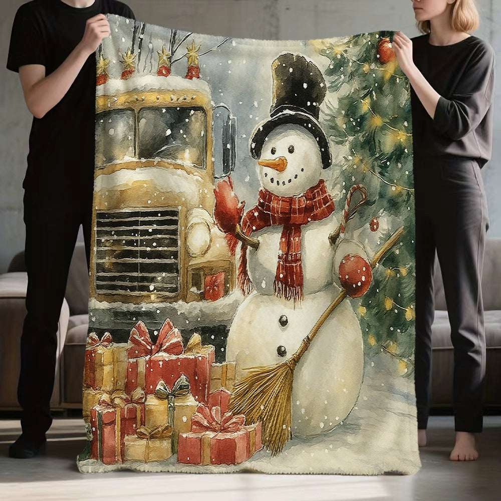 1pc Christmas Retro Truck And Snowman Flannel Blanket, Red Brown Warm Tone Design, Durable Plush Warm Blanket, Suitable for Weekend Sofa Naps, Home Afternoon Rest, Reading Time, Guest Room Backup