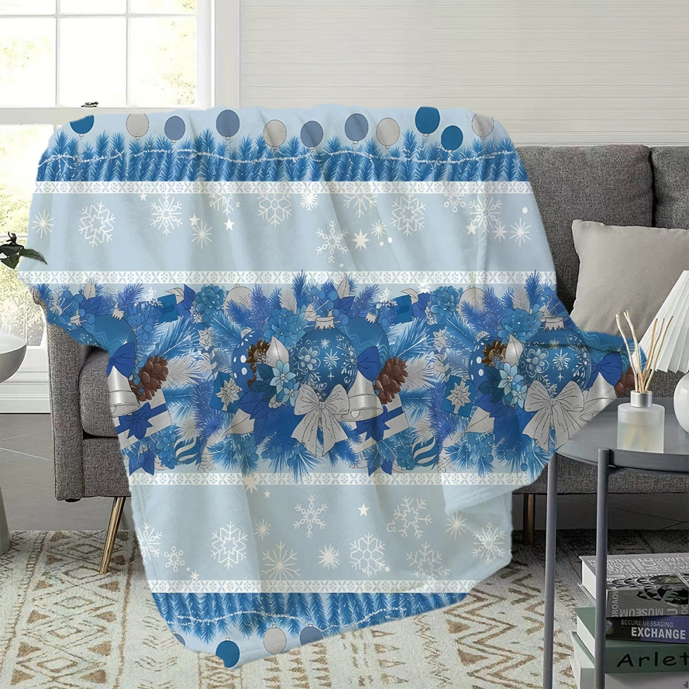 1pc Christmas Blue Festive Pattern Flannel Blanket, Soft Comfortable Warm, Blue White Silvery Design, All-Season Sofa Blanket, Warm Cover, Multiple Sizes Available, Suitable for Living Room Sofa, Bedroom, Reading Corner, Leisure Time
