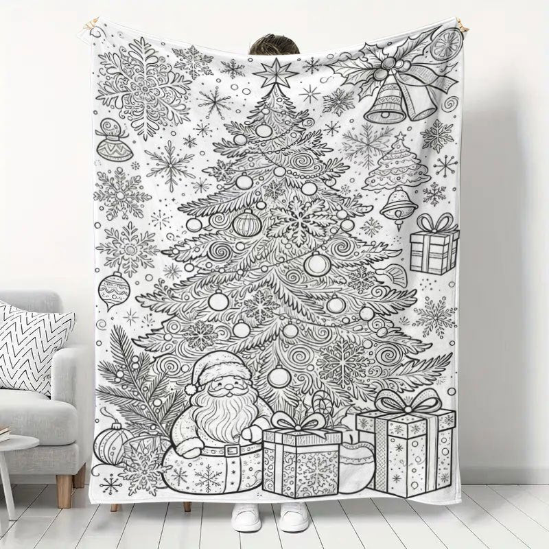 1pc of Large Flannel Blanket with a Black and White Line Art Pattern of Santa Claus and a Christmas Tree, Featuring a Simple Design. Suitable for Use as a Sofa Throw in the Living Room, for Naps at Home, or in Dorm Life