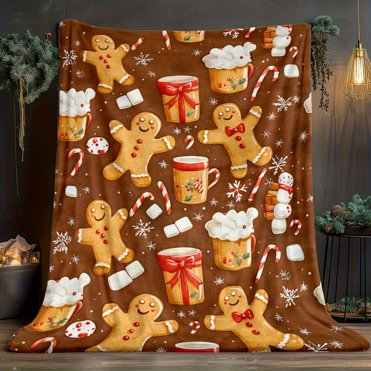 1 Christmas Gingerbread Blanket - Lightweight Flannel-Like Soft Warm All-Season Blanket with Gingerbread Man, Candy Bar, Gifts - Brown/Red/White Holiday Decor for Sofa, Travel, Camping - Perfect Christmas Gift Ideas, Travel Essentials