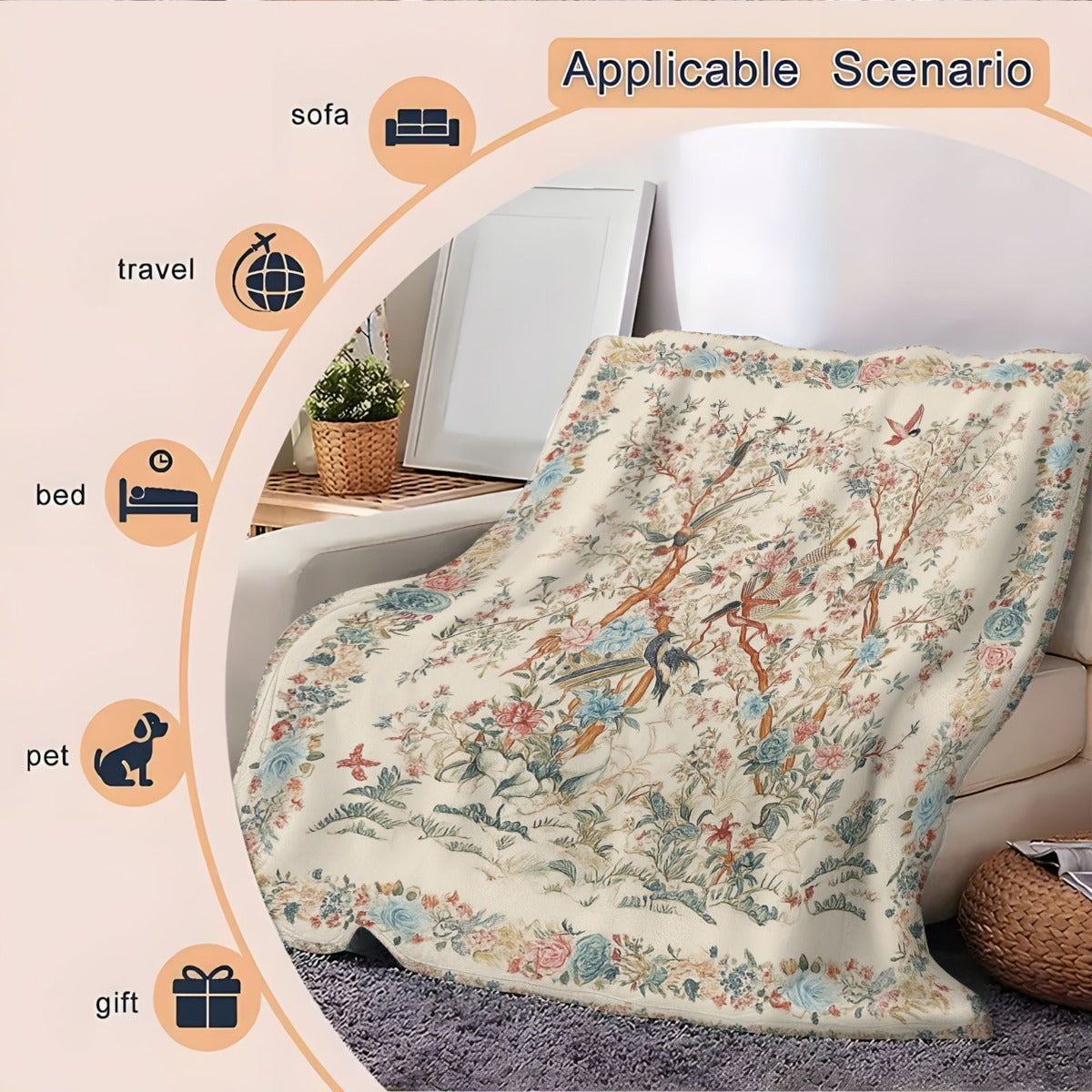 1 Reversible Bohemian-style Floral and Animal Print Blanket - Soft and Warm Flannel Bedspread, Suitable for Sofa, Bed, and Travel - Comfortable Vintage Bedspread with Animal and Plant Patterns