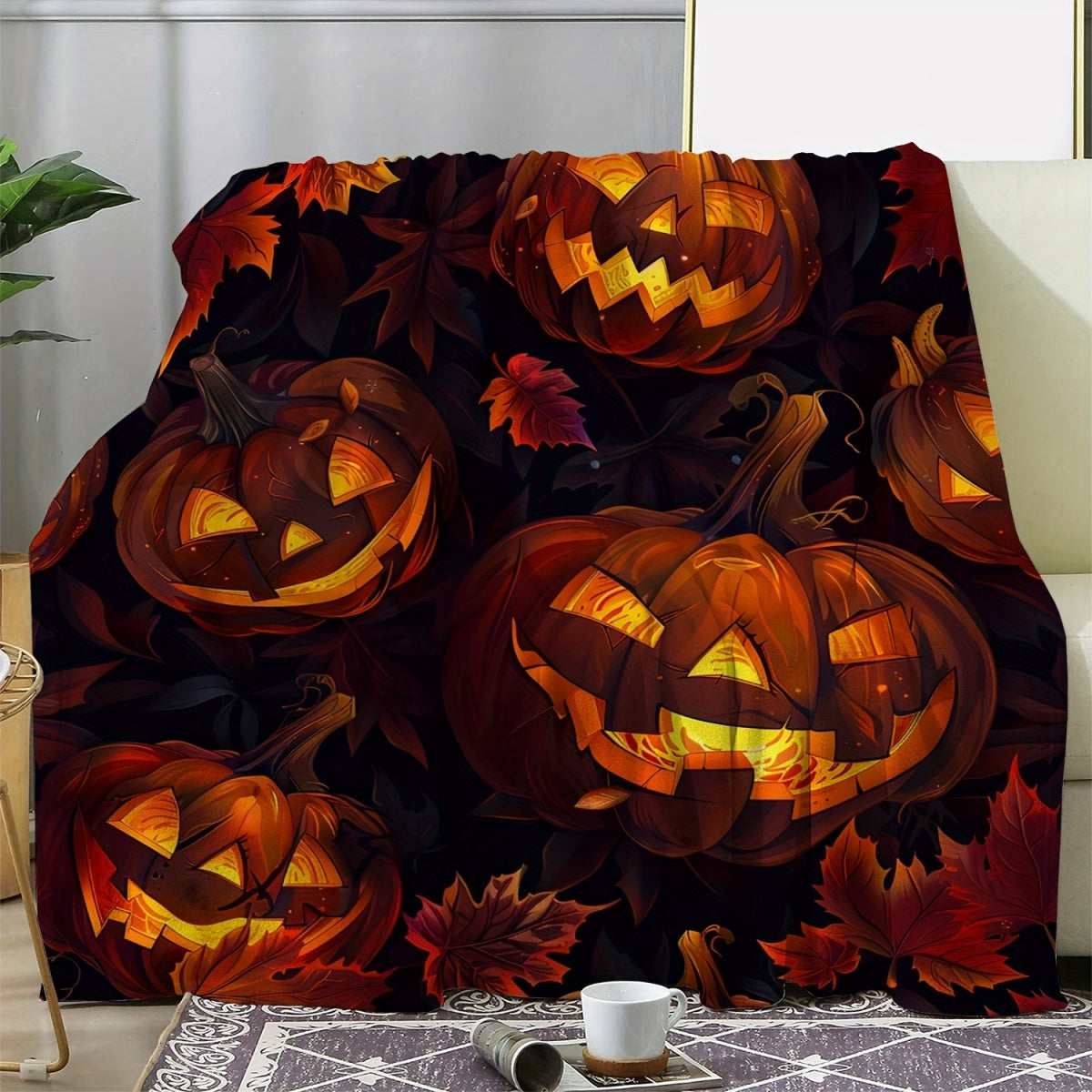 1pc 2D Flat Print Halloween Pumpkin and Maple Leaf Blanket, Soft Flannel Throw, Deep Orange, Black, and Red Design, All-season Warm Cover Blanket, Multiple Sizes Available, Suitable for Living Room Sofas, Bedroom, Reading Nooks