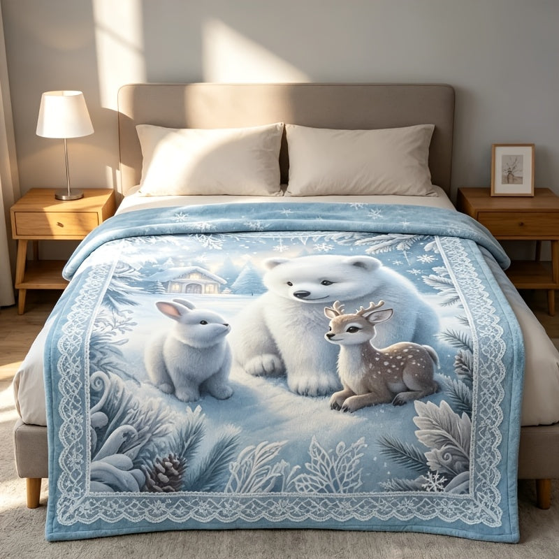 Winter Snow Scene, Polar Bear, Rabbit, Deer Print Fluorescent Flannel Blanket, Bedroom Living Room Sofa Blanket, Fluorescent Blanket, Machine Washable in All Seasons, Christmas, Halloween, Independence Day, Thanksgiving Gift Recommendation