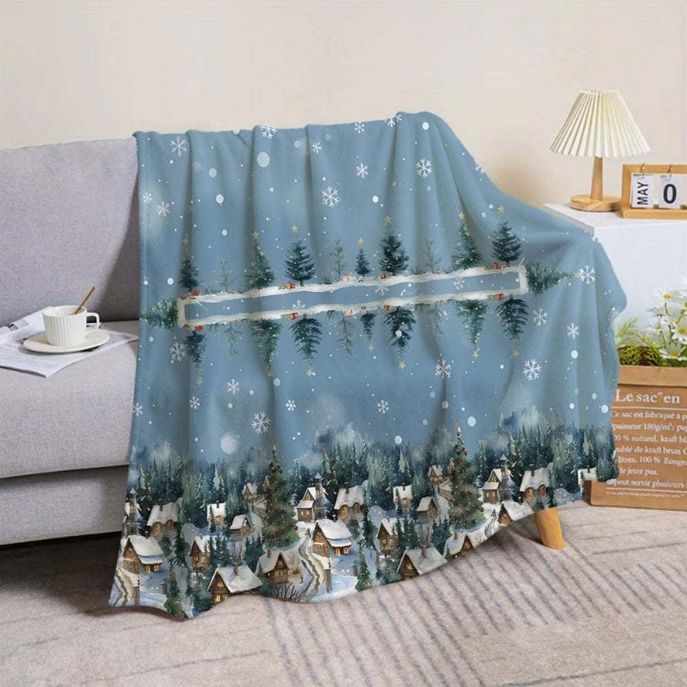 1pc Christmas Snowy Forest and Cabin Pattern Flannel Blanket, Soft, Comfortable, and Warm, Blue Design, Durable Plush Surface, All-Season Universal Sofa Blanket, Warm Throw Blanket, Multiple Sizes Available, Suitable for Living Room Sofas