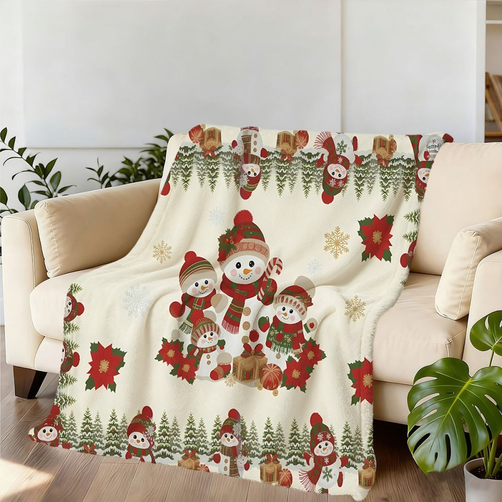 1 Christmas Flannel Blanket Featuring a Snowman, Pine Branches, and Red, Green, and Golden Snowflake Patterns. Soft, Comfortable, and Warm with a Cream-white Base. A Versatile All-season Sofa Throw and Cozy Cover Blanket. Available in Multiple Sizes.