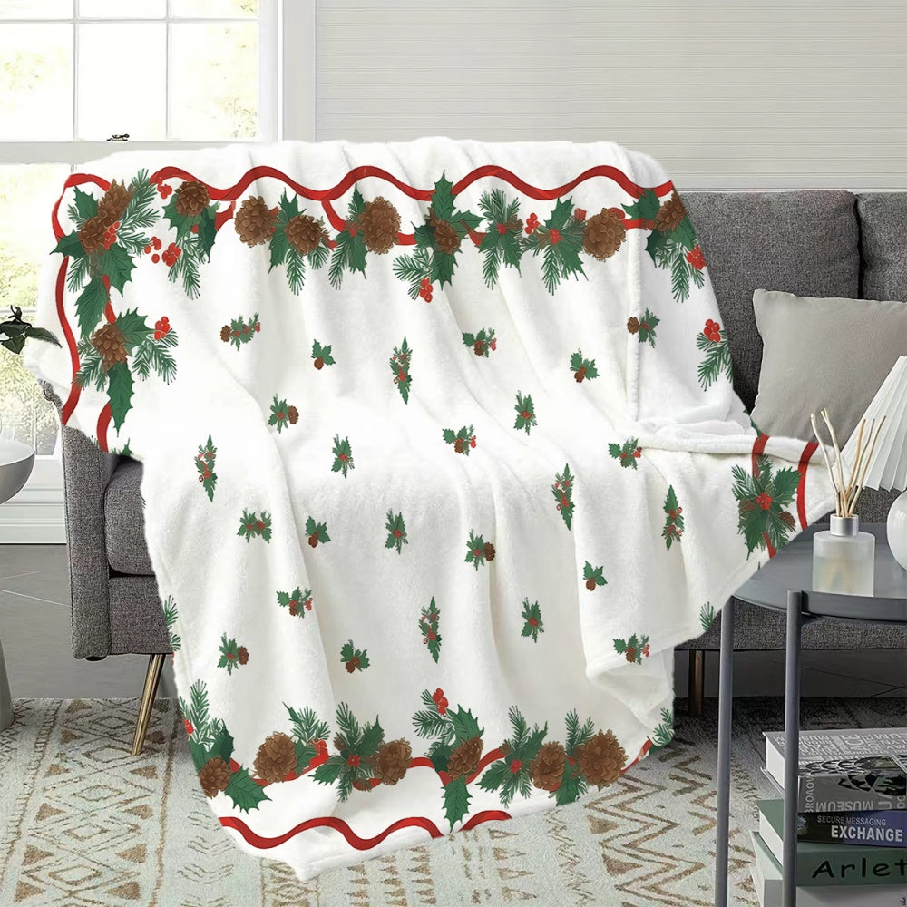 1 Christmas Pinecone and Holly Leaf Pattern Flannel Blanket, Soft, Comfortable, and Warm, with a White Base and Red-green Decorative Design. A Four-season Universal Sofa Blanket and Warm Throw Blanket, Available in Multiple Sizes. Suitable for Living