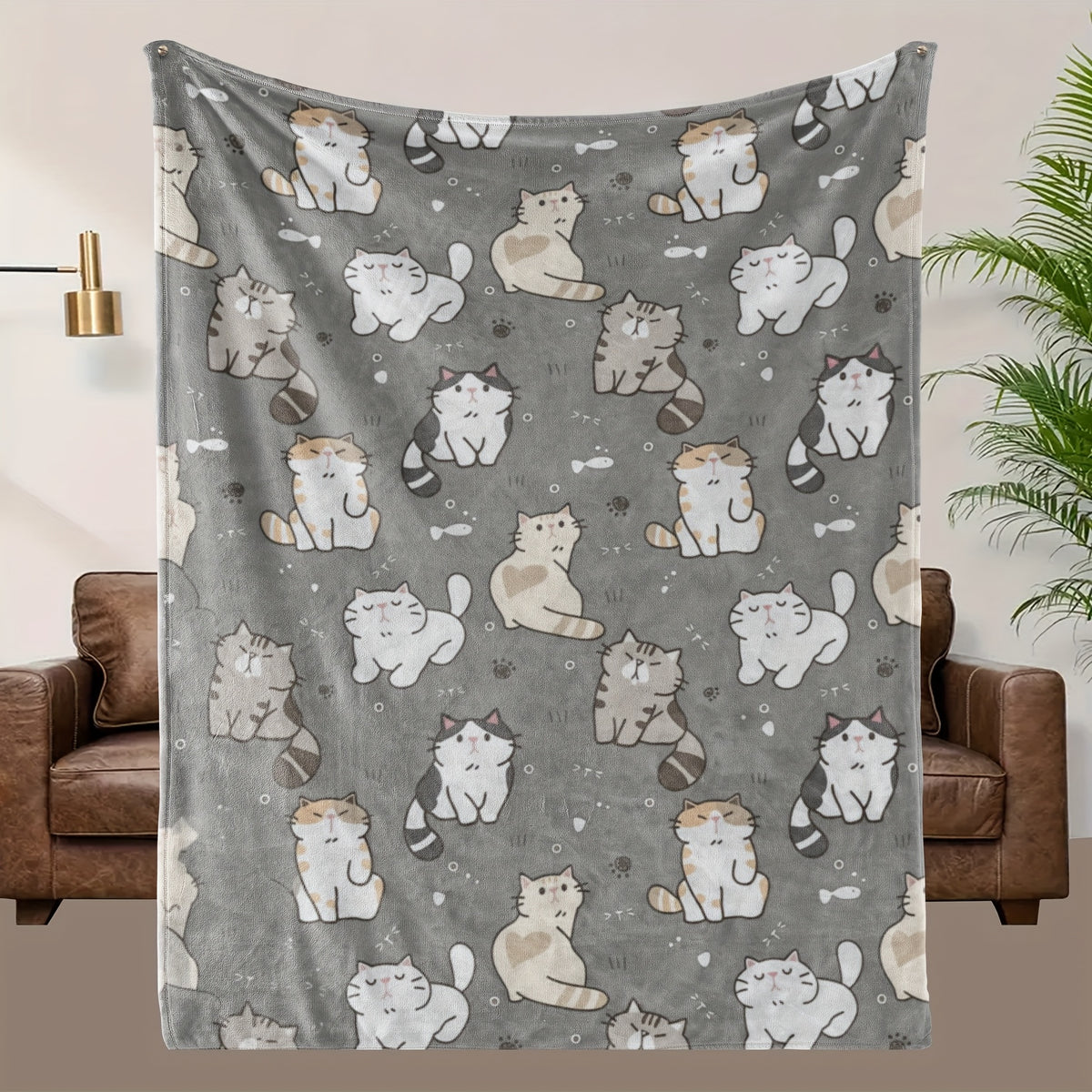 1pc of Adorable Cat-pattern Flannel Blanket, Soft, Comfortable, and Warm, in a Gray Design with a Durable Plush Surface. A Versatile All-season Bed Throw and Cozy Cover, Available in Multiple Sizes. Suitable for Living Room Sofas, Bedroom Beds