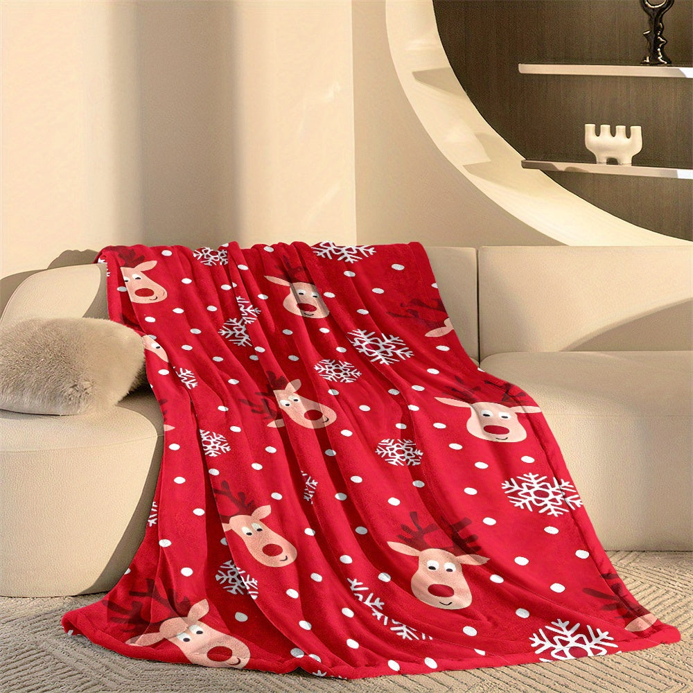 Holiday Reindeer and Snowflake Flannel Blanket - Bright Red with White Dots, Soft and Cozy Christmas Decoration, All-Season Warmth, Perfect Gift for Home and Holidays, Reindeer Christmas Decor, Festive Home Decor, Fun Pattern, High-Quality Fabric