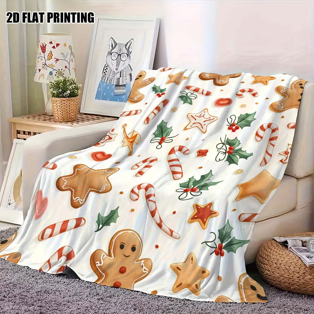 1pc Christmas Gingerbread Pattern Blanket, Comfort Blanket for Cars, Seats and Travel, Perfect for Christmas and Halloween Gifts