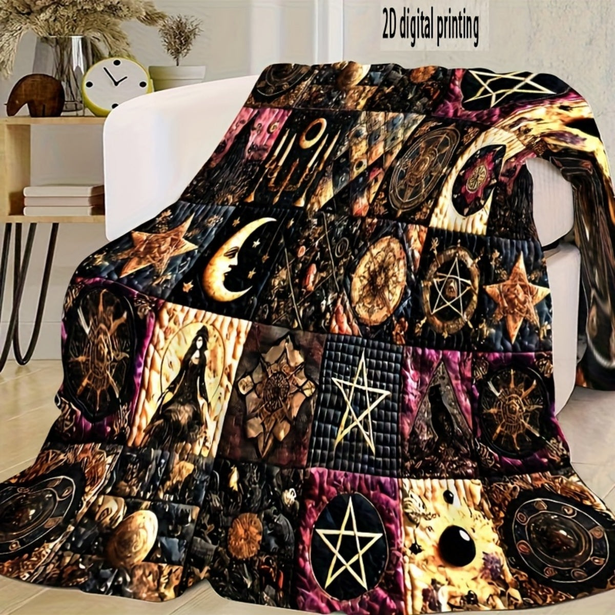 1pc 2D Flat Printing, Mysterious Symbols And Moon Wizard Pattern Blanket, Soft Fleece Blanket, Black Golden Purple Main Color Design, All-Season Warm Throw, Multiple Sizes Available, Suitable for Living Room, Bedroom, Balcony, Courtyard, And Sofa