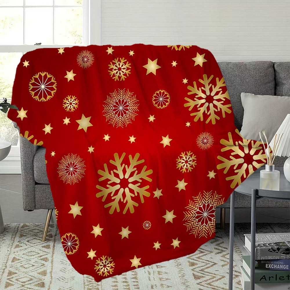 1pc Red and Golden Snowflake and Star Pattern Christmas-themed Flannel Blanket, Soft, Comfortable, and Warm, Designed in a Red Main Color, a Four-season Universal Sofa Throw, a Warm Lap Blanket, Available in Multiple Sizes, Suitable for Living Room