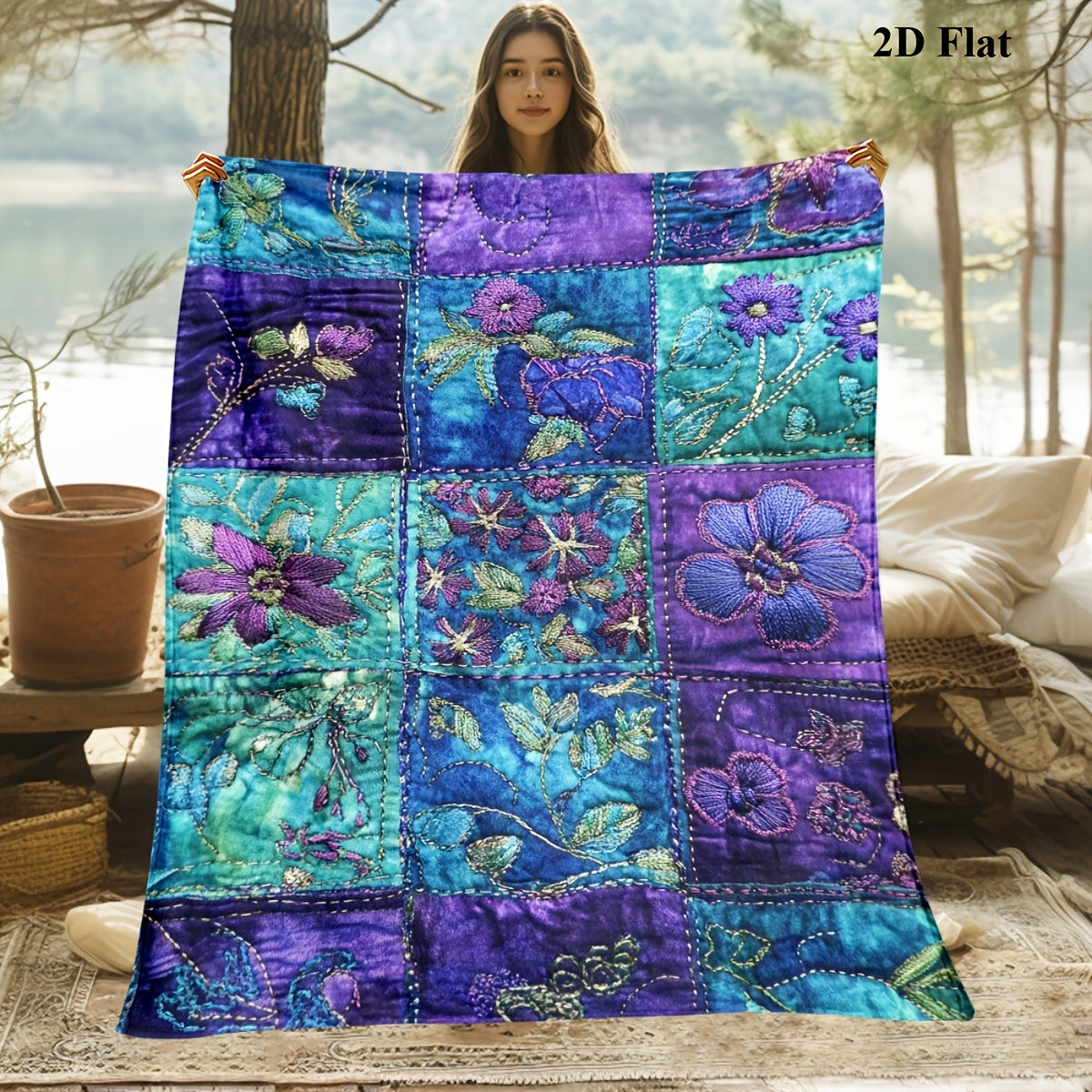 1pc Purple Floral Embroidered Print Blanket, Vintage Art Throw Blanket, Super Warm Soft and Cozy Flannel Blanket, Multiple Sizes Available, Suitable for Living Room Sofa, Bedroom, Leisure Reading, Holiday Decoration