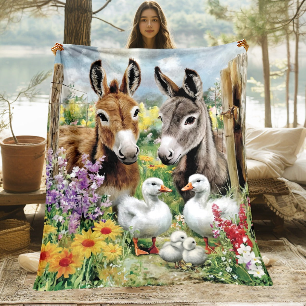 1pc 2D Flat Printing, Donkey And Duck Pastoral Theme Blanket, Soft Fleece Blanket - Colorful Floral Design, Multiple Sizes Available, Suitable for Living Room, Bedroom, Sofa, And Reading Nook