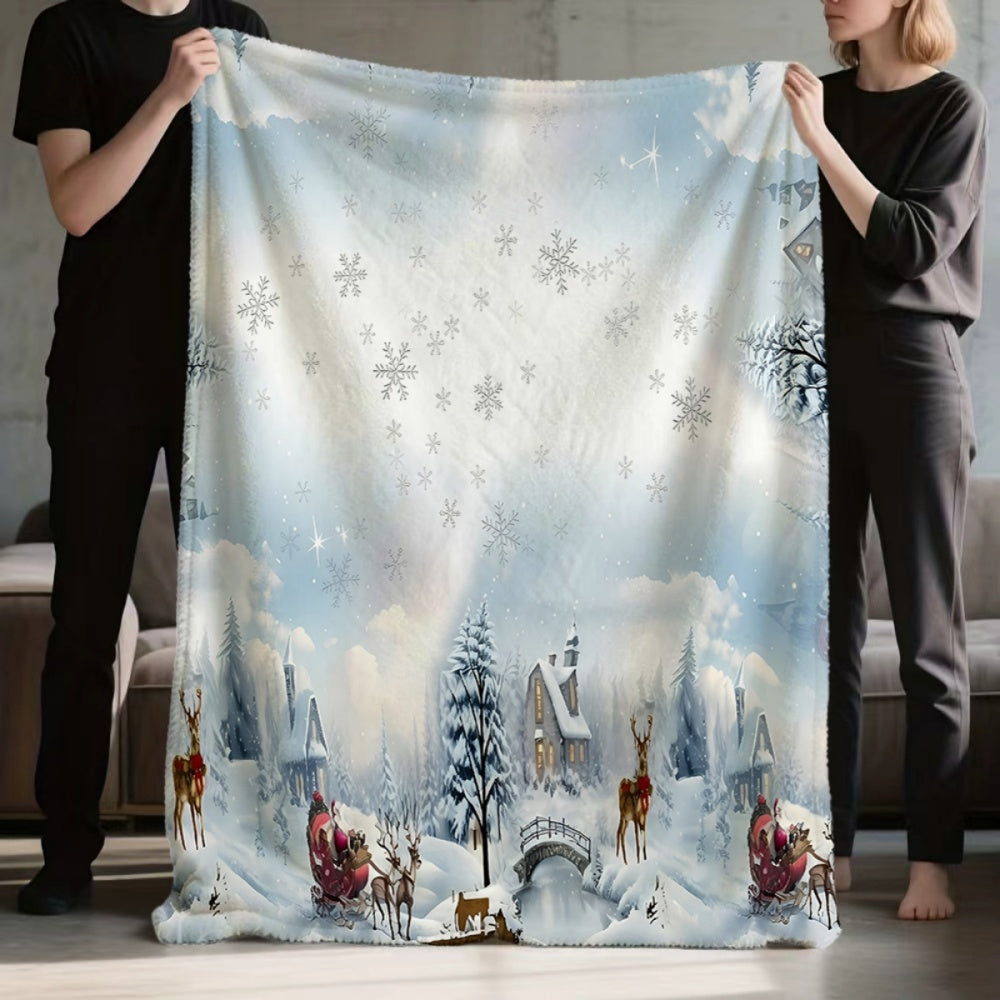 1pc, Christmas Snow Scene with Reindeer and Cabin Pattern, Soft, Comfortable, and Warm White Flannel Blanket, Winter Thermal Throw, Suitable for Living Room Sofas, Bedroom Sofa, Office Break Areas, Reading Nooks, and Holiday Decorations
