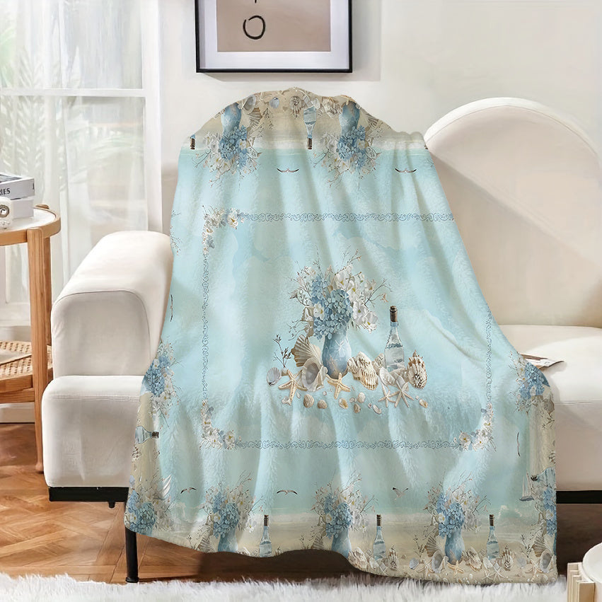 1pc Ocean Shell Floral Pattern Blanket, Romantic Style Design, Soft Plush Surface, Flannel Material Lightweight And Durable, Multiple Sizes Available, Ideal for Holiday Gatherings, Living Room Leisure, Bedroom Sleep, Study Reading
