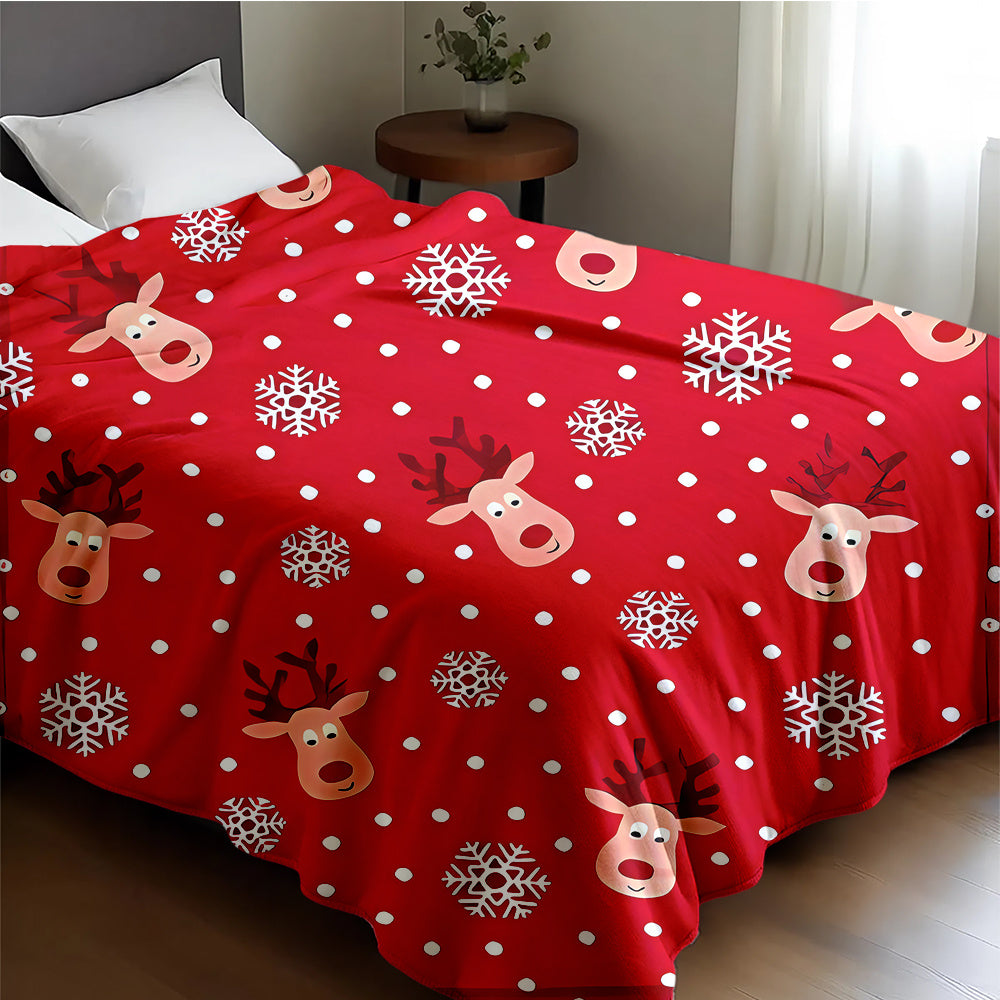 Holiday Reindeer and Snowflake Flannel Blanket - Bright Red with White Dots, Soft and Cozy Christmas Decoration, All-Season Warmth, Perfect Gift for Home and Holidays, Reindeer Christmas Decor, Festive Home Decor, Fun Pattern, High-Quality Fabric