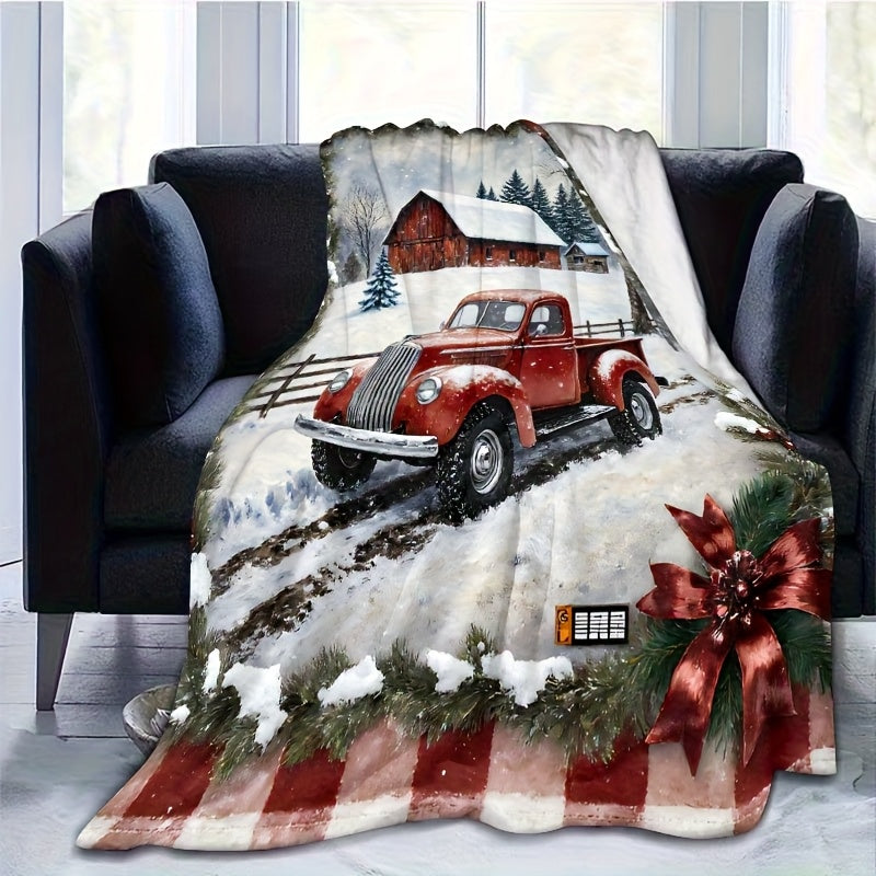 1pc, Soft Flannel Rectangular Sofa Blanket, Red Truck in The Snow, Modern Style, Soft And Comfortable, Machine Washable, Comfortable Household Items, Suitable for Outdoor Use, Christmas And Thanksgiving