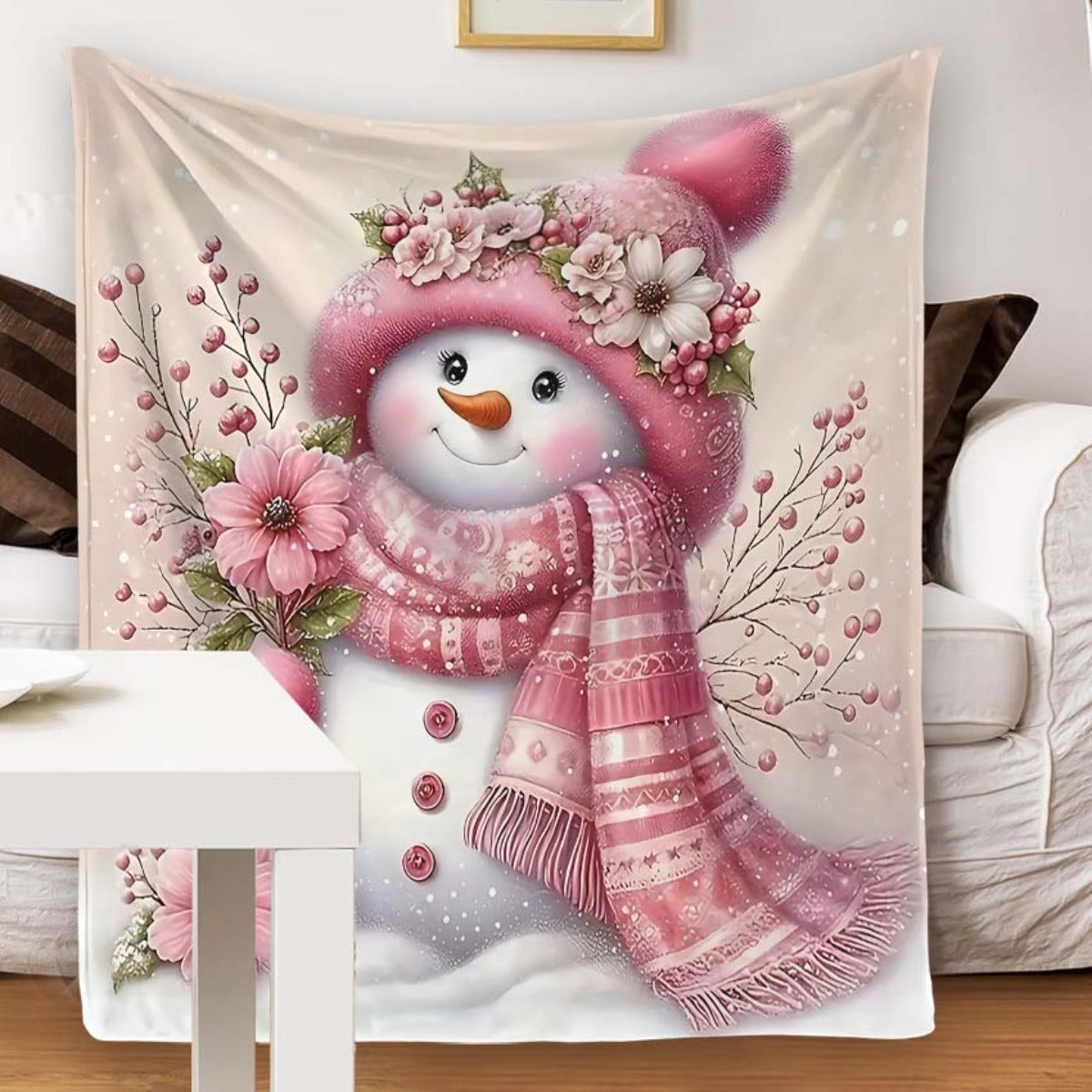1pc 2D Printed Fleece Snow Blanket, Pink Floral And Snowflake Design - Soft, Warm, And Comfortable, Lightweight And Durable, Multiple Sizes Available, Ideal for Christmas, Living Room Leisure, Bedroom Warmth, Holiday Gift, All-Season Versatile Gift