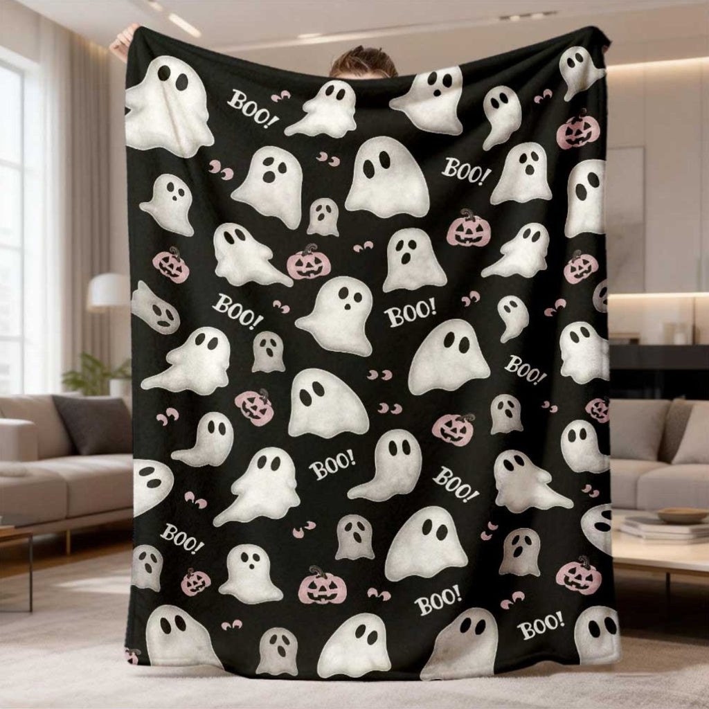 1pc Halloween Ghost And Pumpkin Pattern Black Flannel Blanket, Soft Comfortable Warm, Classic Halloween Design, Durable Plush, All-Season Bed Blanket, Warm Cover, Multiple Sizes Available, Suitable for Living Room Sofa, Bedroom Bed, Reading Corner