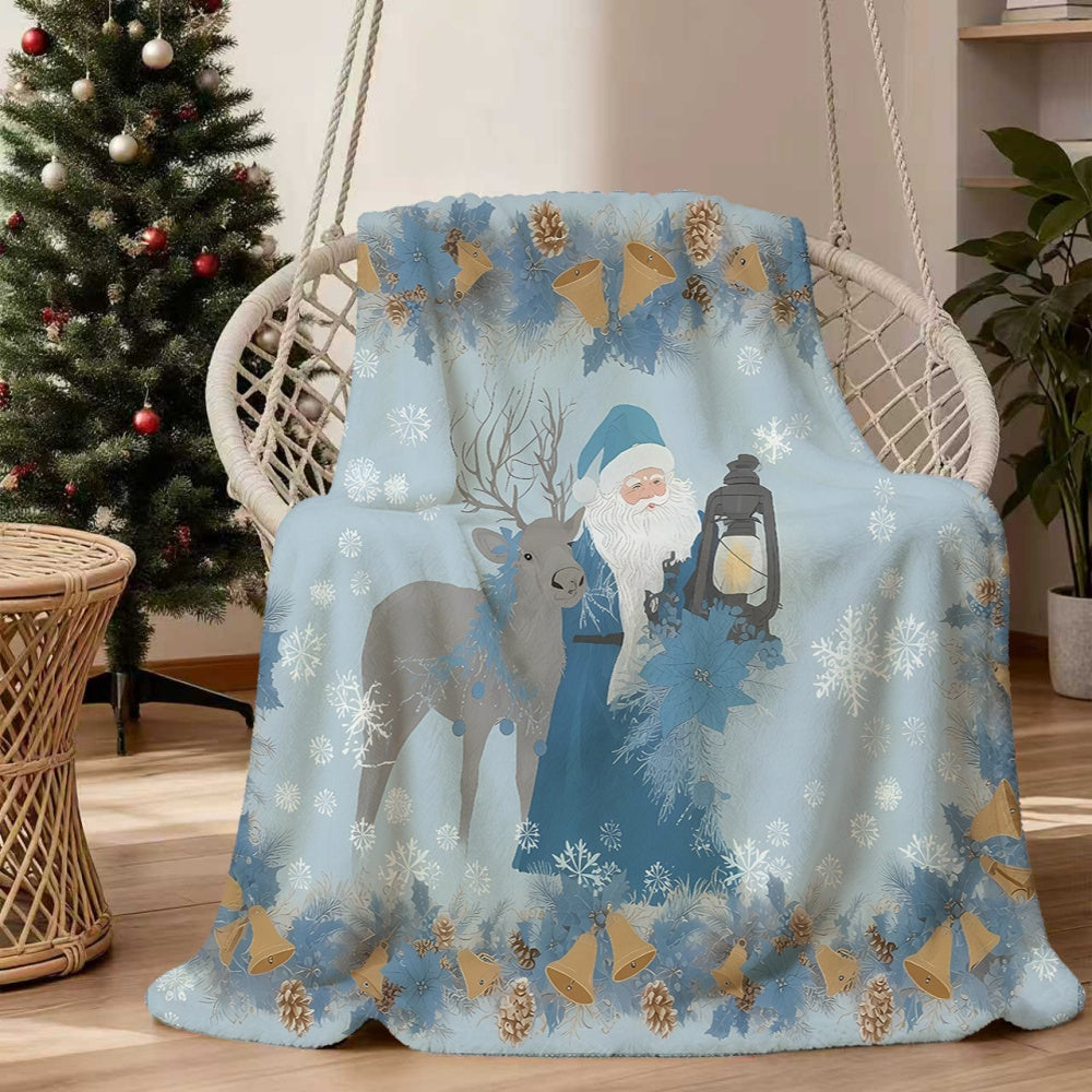 1pc Santa And Reindeer Pattern Blue Flannel Blanket, Soft Comfortable Warm, Blue And White Snowflake Design, All-Season Blanket, Warm Cover, Multiple Sizes Available, Suitable for Living Room Sofa, Bedroom, Casual Reading, Holiday Decor