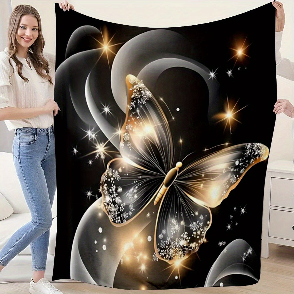 1pc 2D Flat Printing, Golden Butterfly And Starlight Blanket, Soft Fleece Blanket - Black And Golden Design, Multi-Size Available, Suitable for Living Room, Bedroom, Sofa, And Casual Use