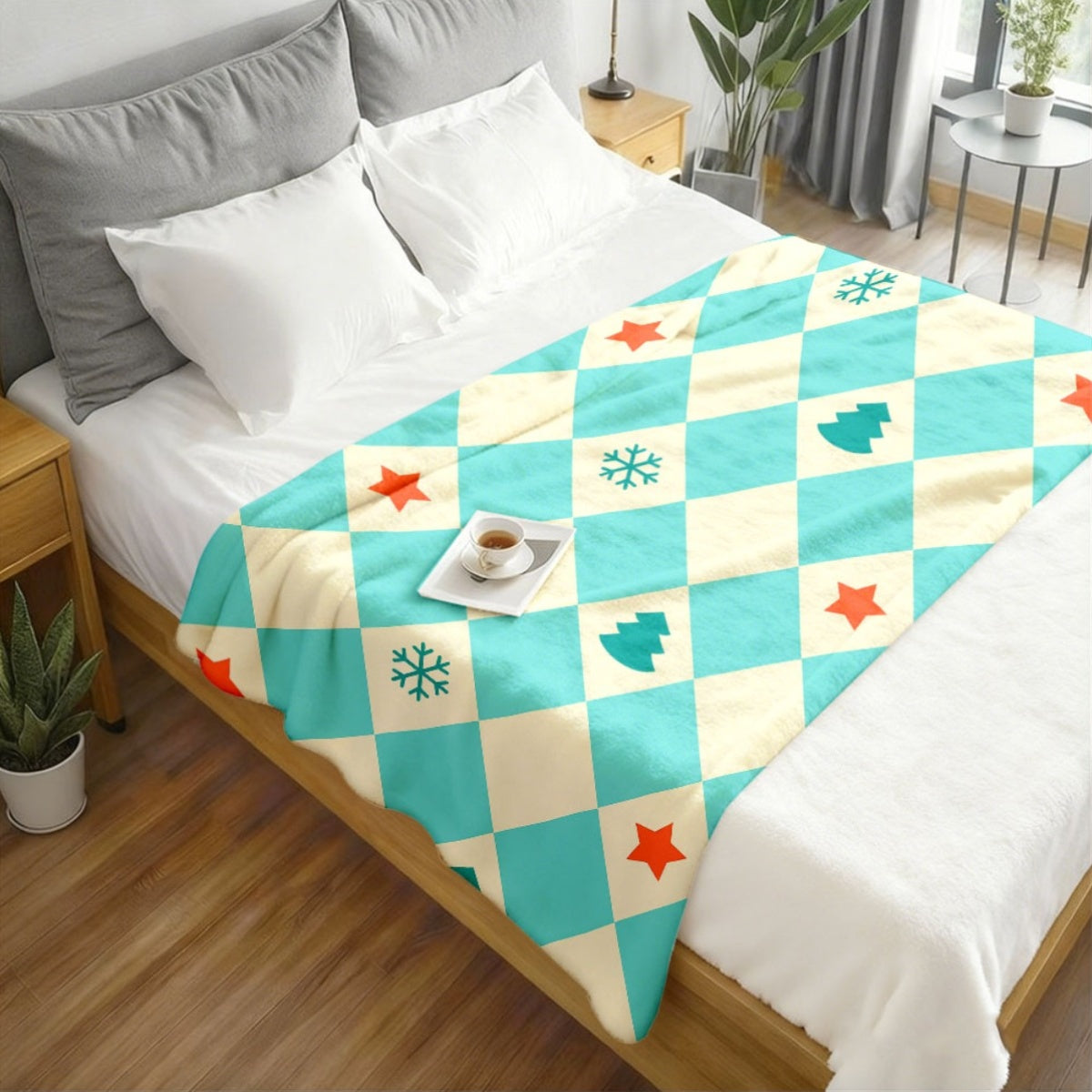 1pc Blue And White Checkered Christmas Pattern Blanket, Red Green Star Snowflake Print Design, Body Cover Blanket, Soft Fleece Plush Surface, Lightweight And Durable, Multiple Sizes Available, Suitable for Holiday Decor, Living Room Leisure